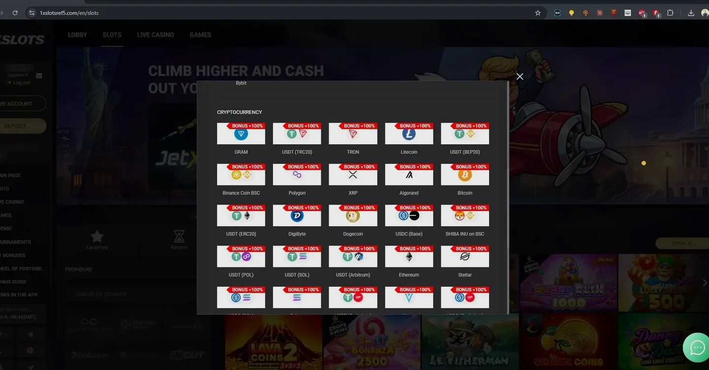 Crypto deposit options in the 1xSlots cashier, including USDT on TRC20, TRON, Litecoin and Bitcoin