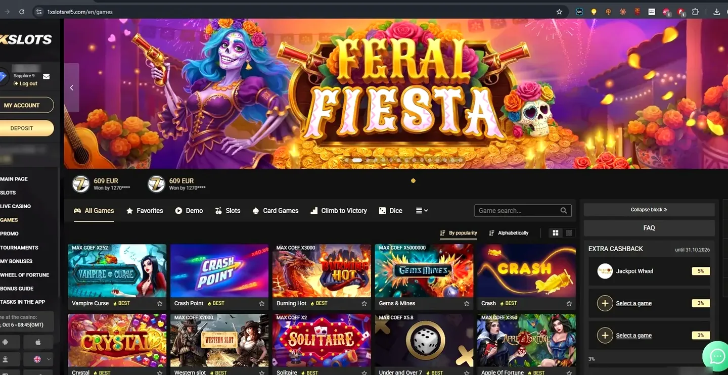 1xSlots games section advertising extra cashback on chosen titles