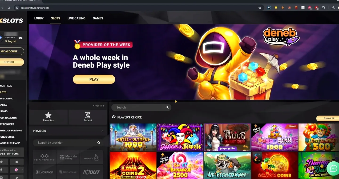 Slots lobby on 1xSlots with a studio filter and a players' favourites row