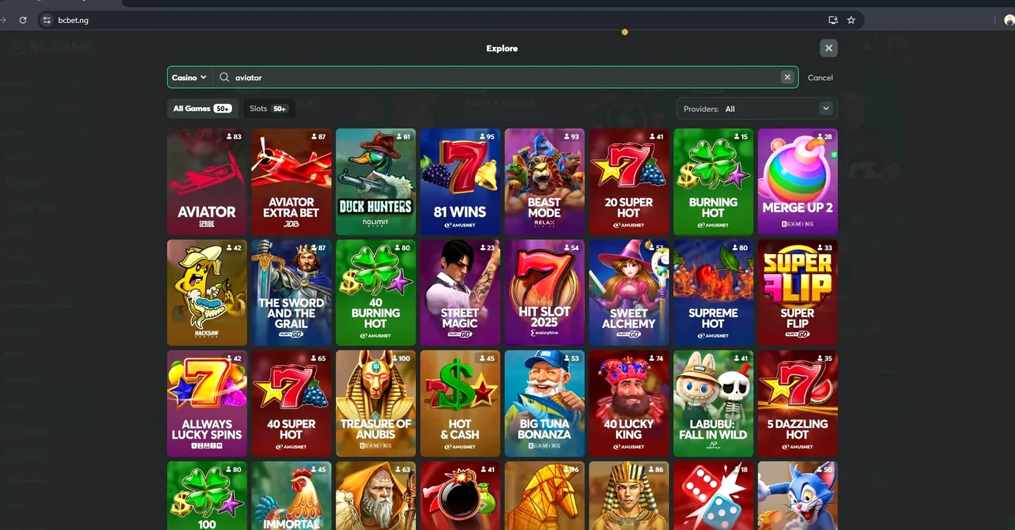 BC.Game casino search for aviator showing Spribe Aviator and Aviator Extra Bet