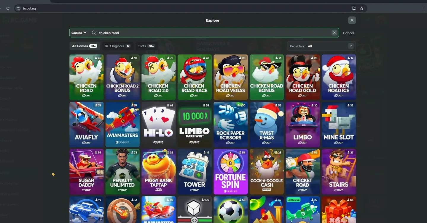 BC.Game casino search for chicken road showing InOut Chicken Road, Chicken Road 2.0 and Chicken Road Race