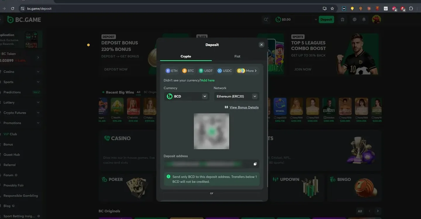 BC.Game deposit window with Crypto and Fiat tabs, coin and network selection