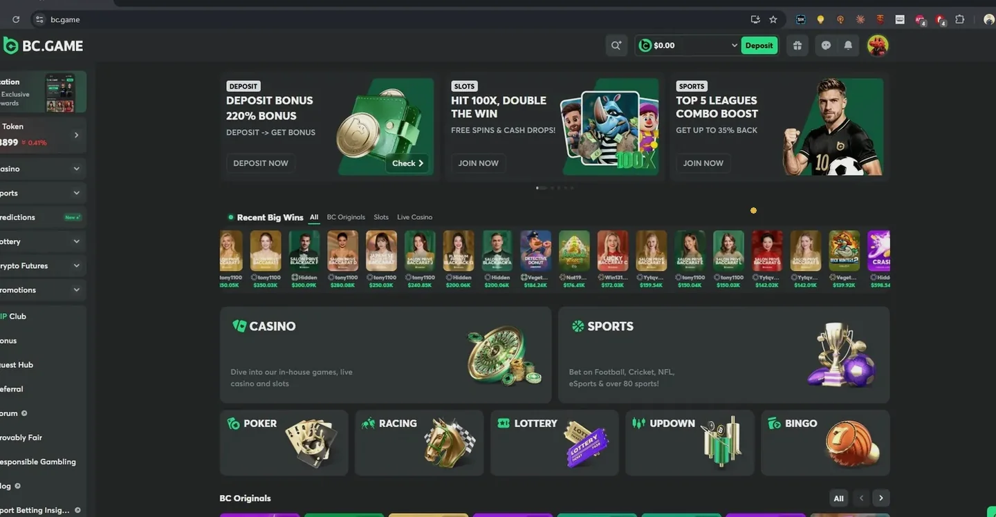 BC.Game home page with deposit bonus banner, recent big wins and casino and sports sections