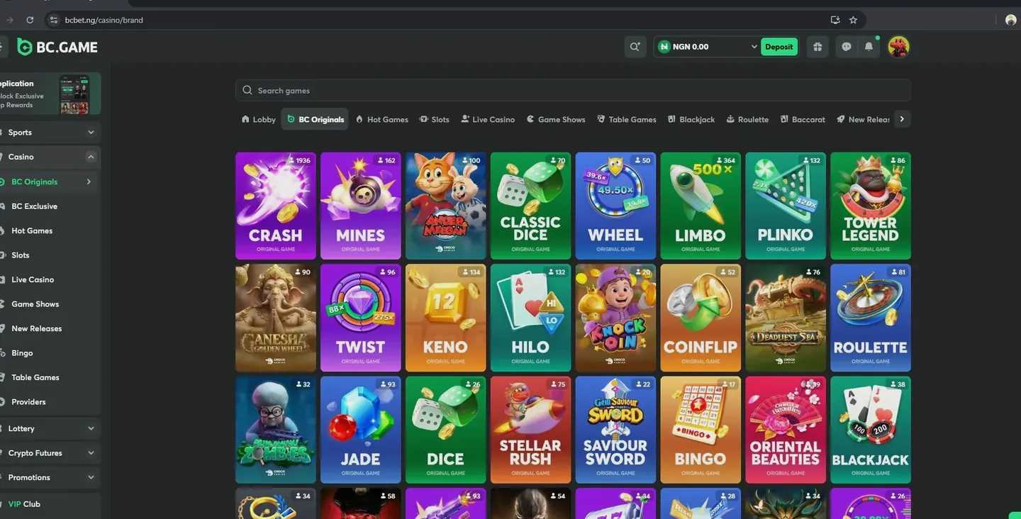 BC.Game Originals lobby with Crash, Mines, Limbo, Plinko, Wheel and Keno, balance shown in NGN