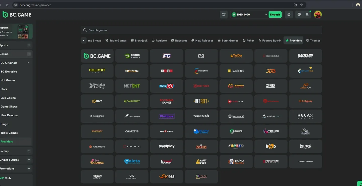 BC.Game providers page with Evolution, NetEnt, Spribe, InOut, Hacksaw and Betsoft logos