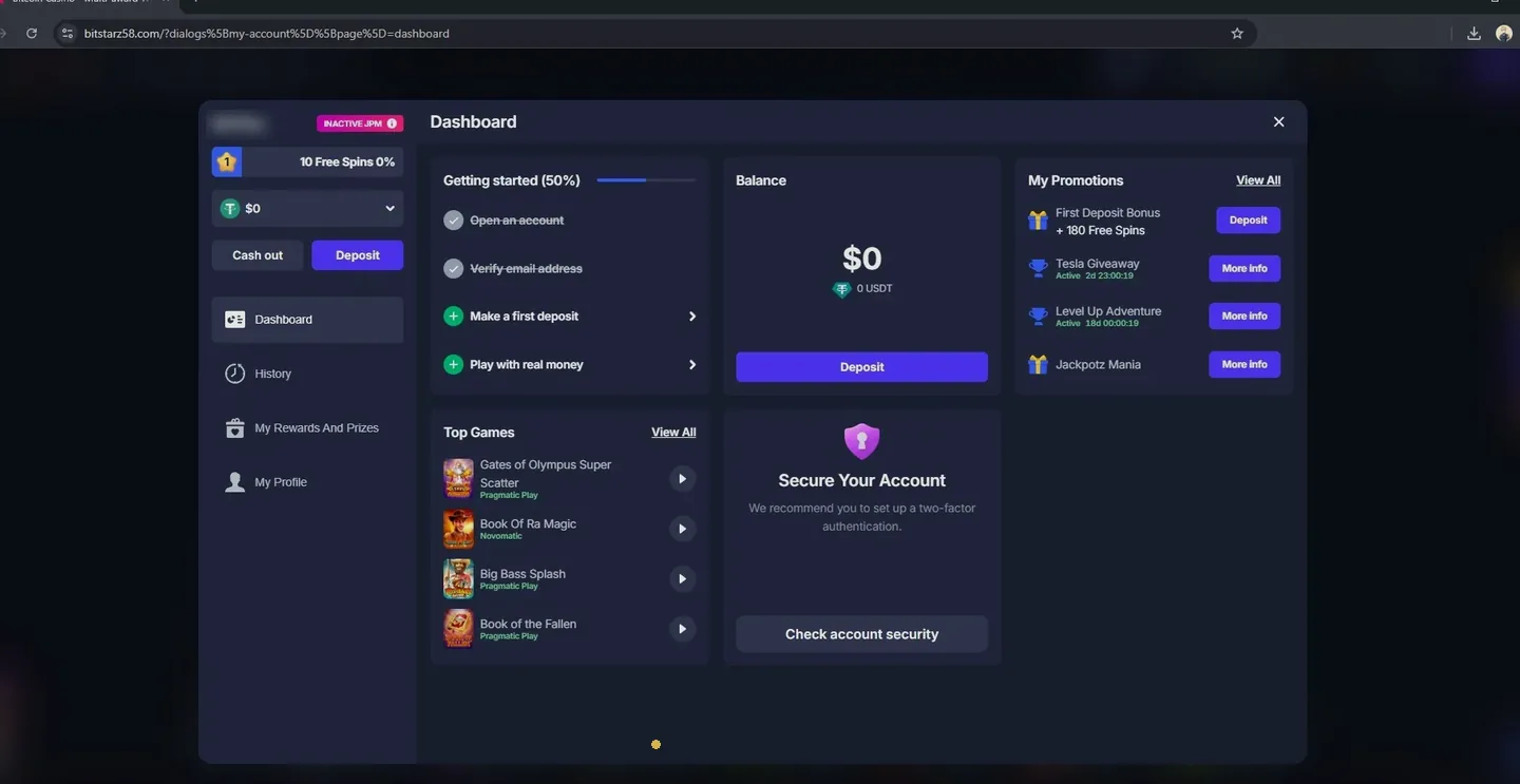 BitStarz account dashboard with balance, getting started steps and active promotions