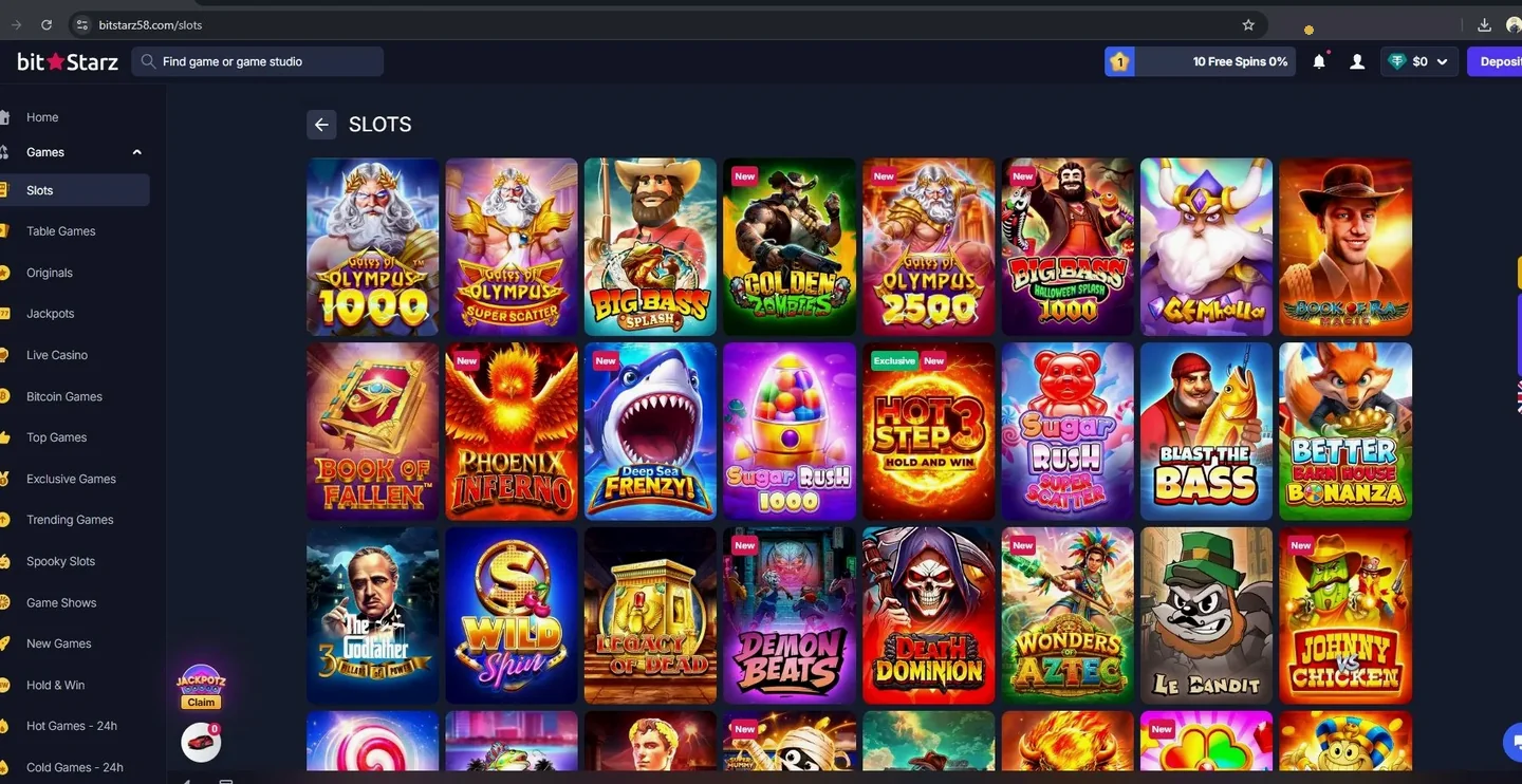 BitStarz slots lobby with Gates of Olympus, Big Bass and Sugar Rush titles