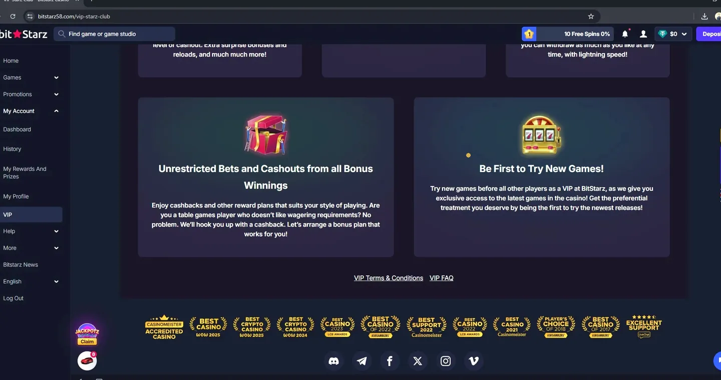 BitStarz VIP Starz Club page promising cashback and early access to new games