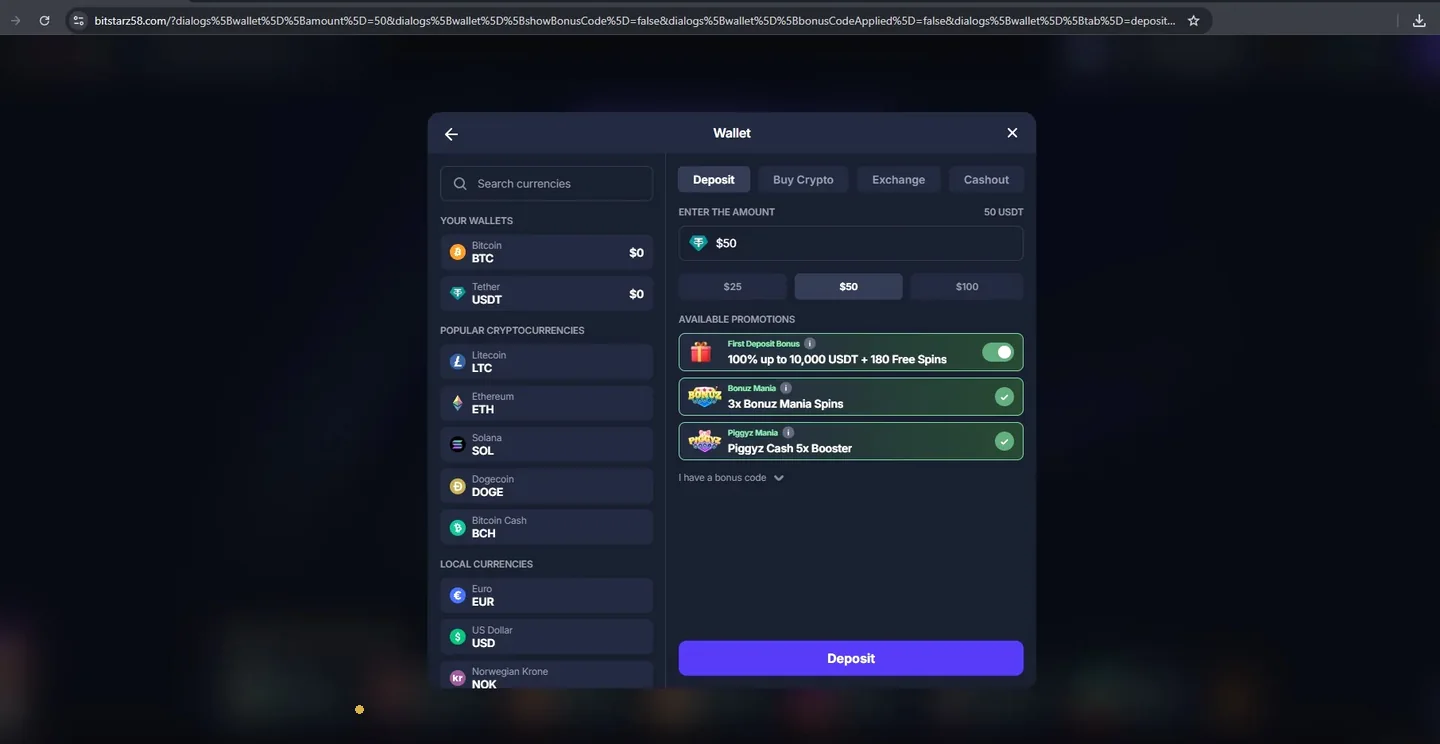 BitStarz wallet with BTC and USDT balances, crypto list and first deposit bonus of 100% up to 10,000 USDT plus 180 free spins