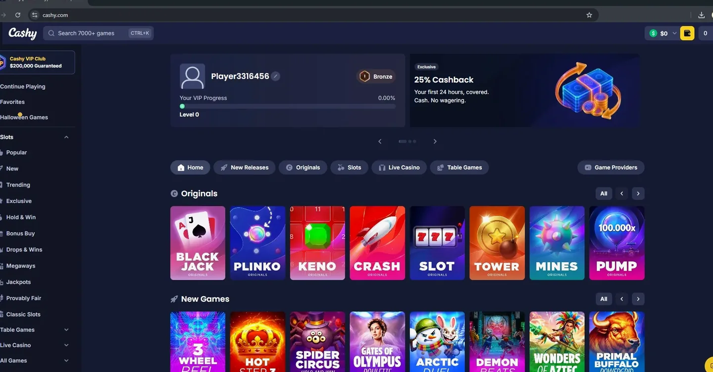 Cashy home page with the 25% cashback banner and Originals games row