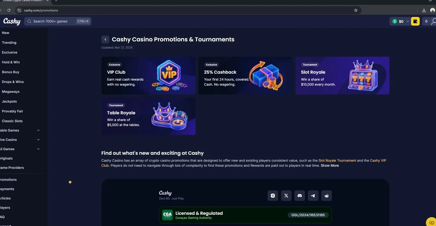 Cashy promotions page listing VIP Club, 25% Cashback, Slot Royale and Table Royale