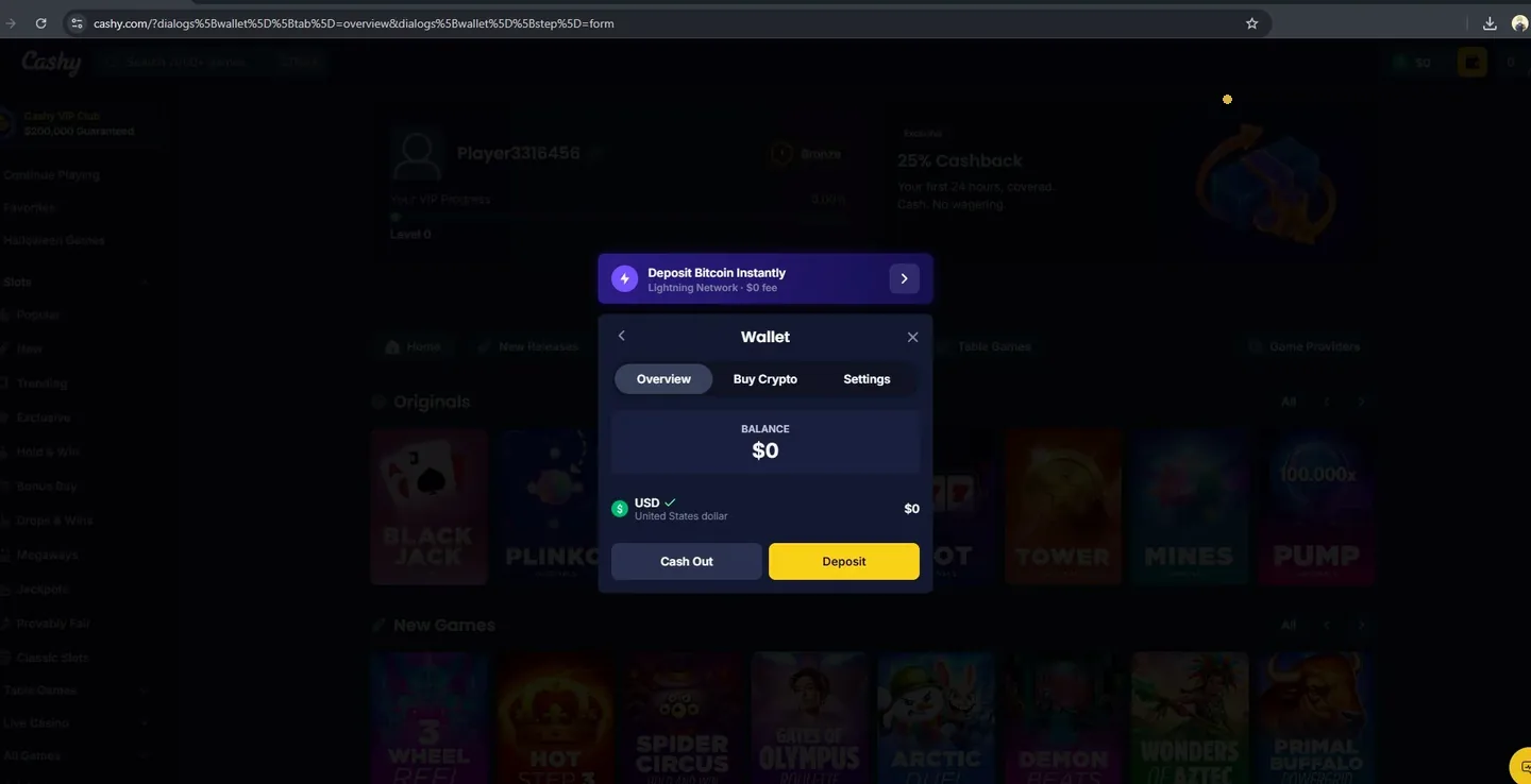 Cashy wallet window with USD balance, Cash Out and Deposit buttons and a Lightning Bitcoin deposit offer