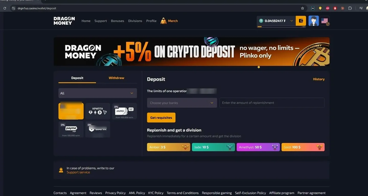 Dragon Money cashier with rouble limits and tiles for T-Bank, Payme, HUMO and crypto