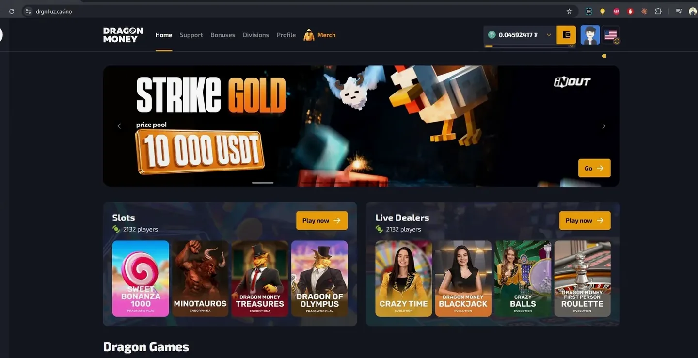 English home page of Dragon Money showing slots and live dealer tables