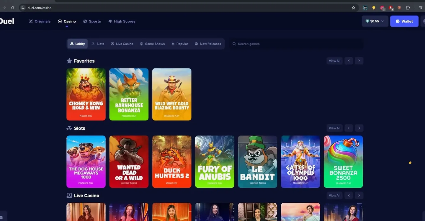 Duel casino lobby showing favourites, slots and a live casino row