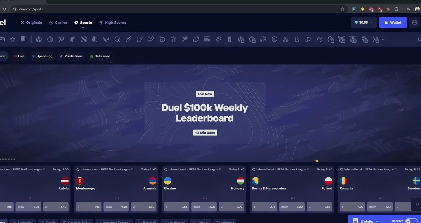Duel sports betting page with UEFA Nations League markets