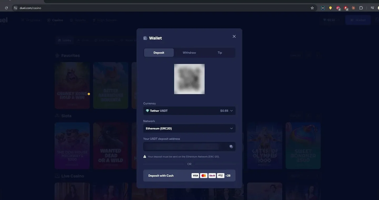 Duel deposit window with USDT selected on the Ethereum network