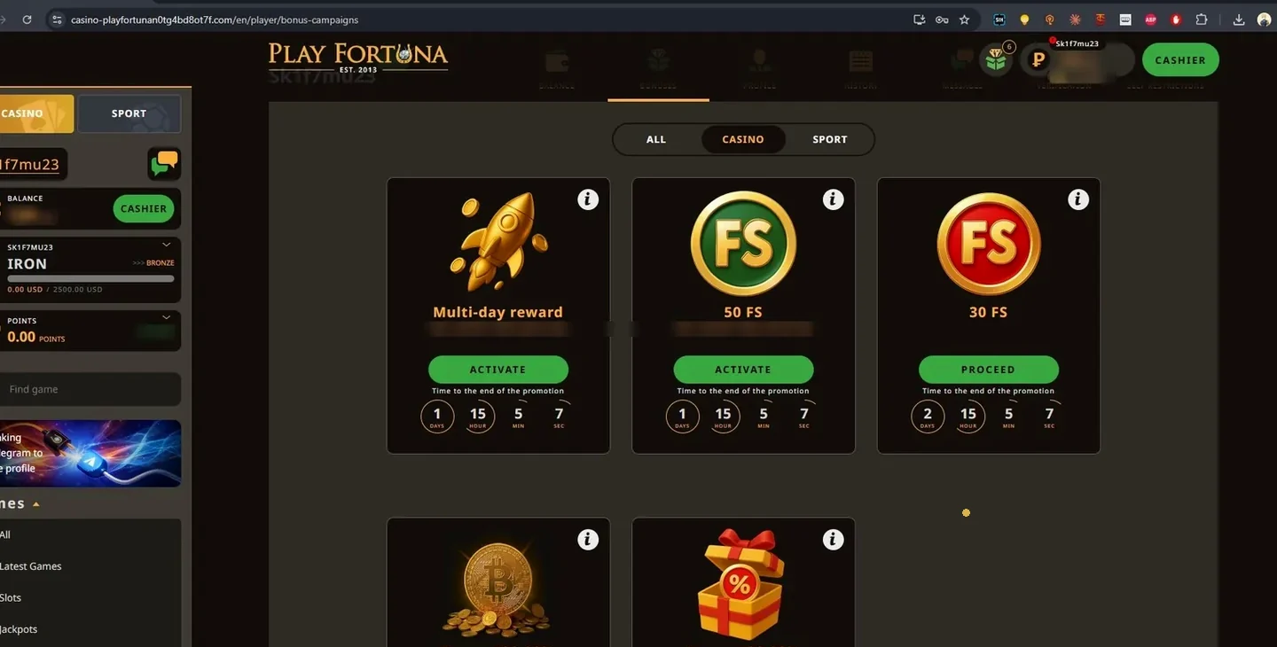 Play Fortuna promotions page with free spins and deposit offers