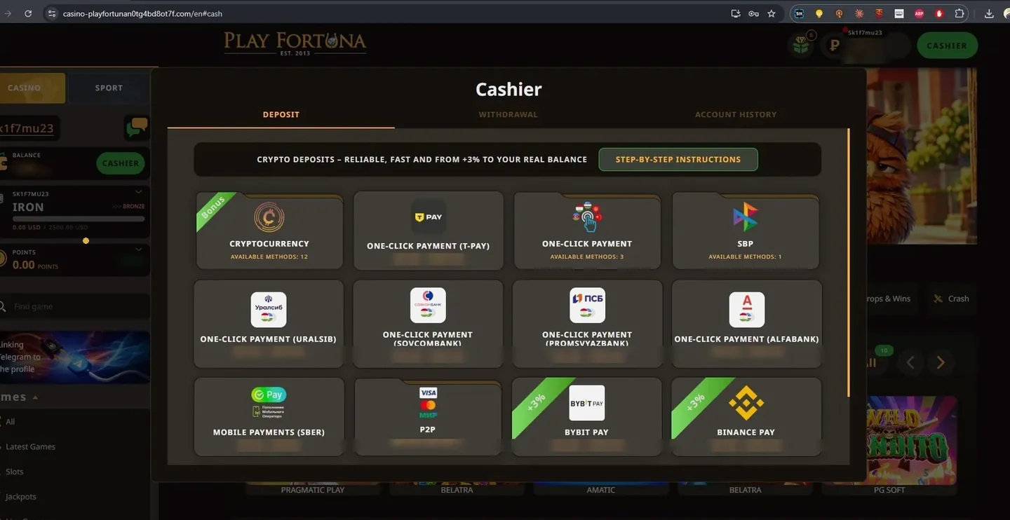 Play Fortuna cashier listing cryptocurrency, Bybit Pay, Binance Pay and Russian banks