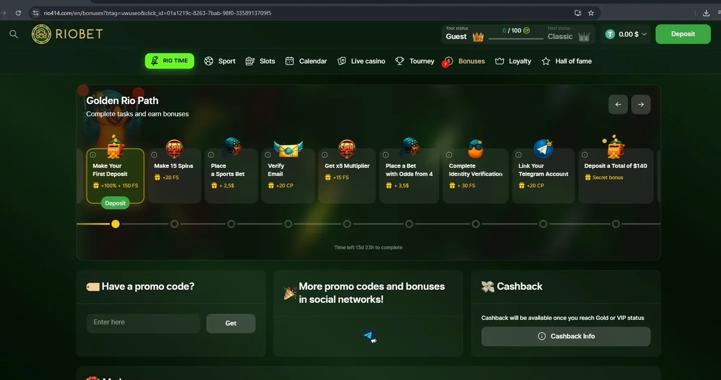Riobet Golden Rio Path bonus tasks with free spins for deposits, bets and verification