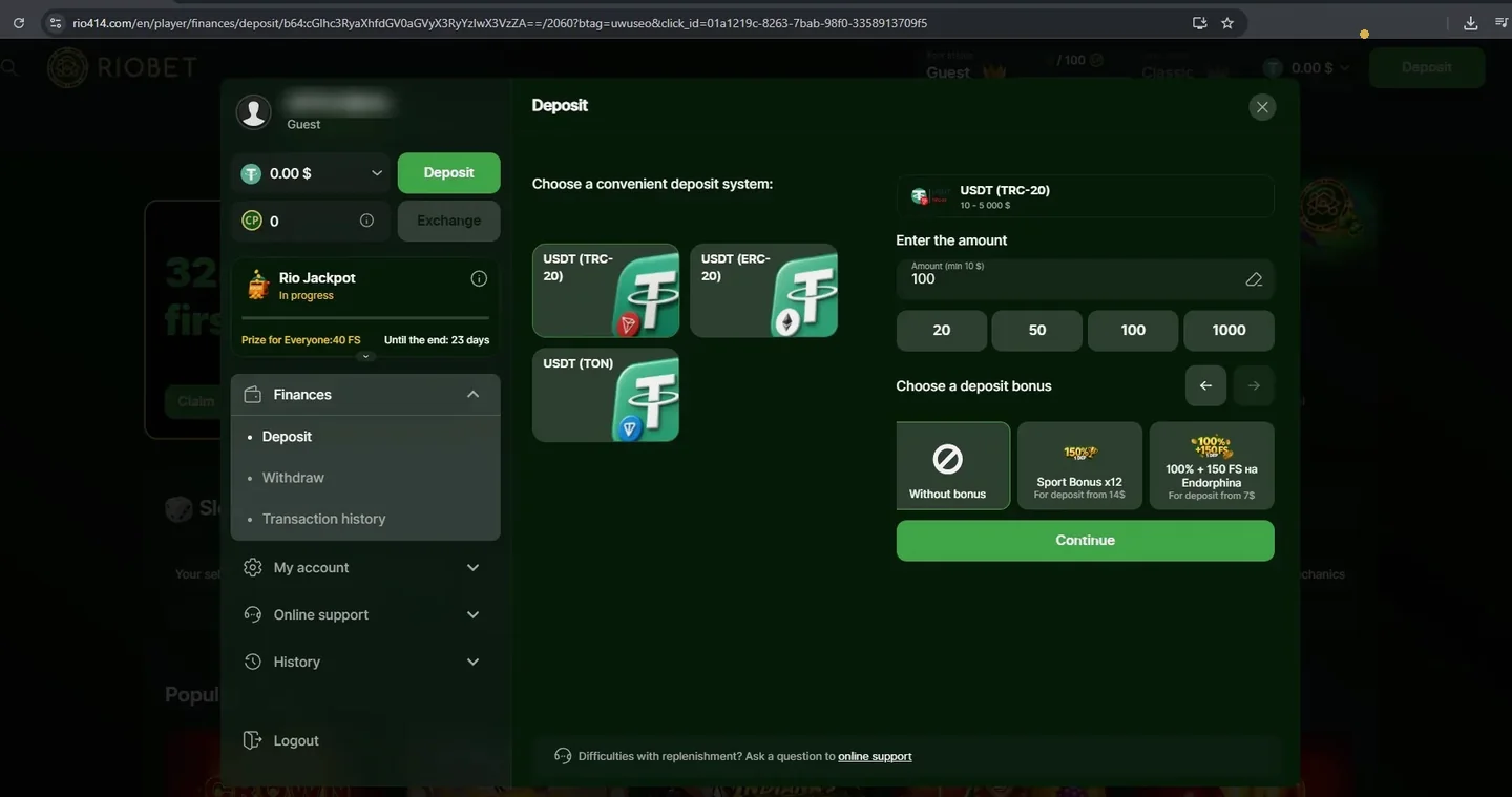 Riobet deposit window with USDT on TRC-20, ERC-20 and TON and bonus choice