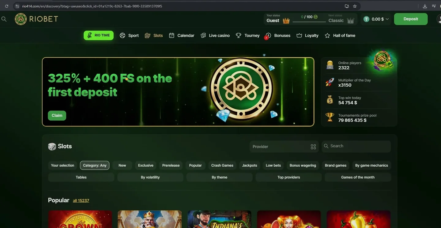 Riobet slots lobby with a first deposit banner and game category filters