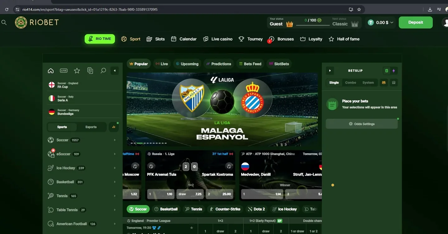 Riobet sports betting page with football, esports and a bet slip