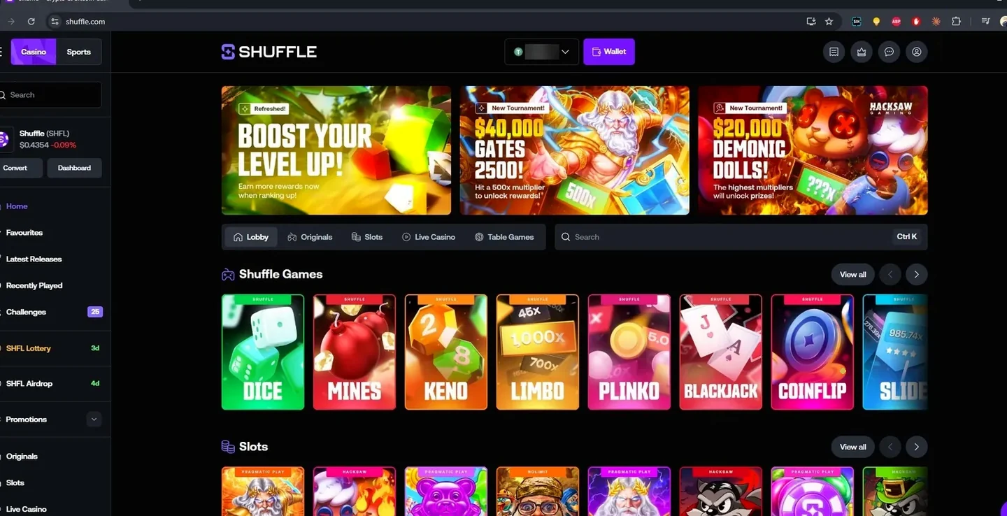 Shuffle lobby with in-house games Dice, Mines, Keno, Limbo and Plinko