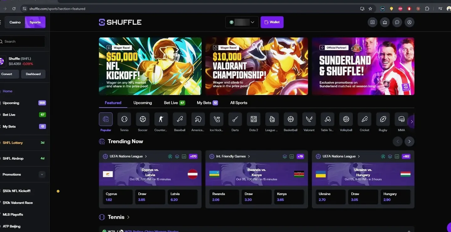 Shuffle sports betting page with popular football fixtures