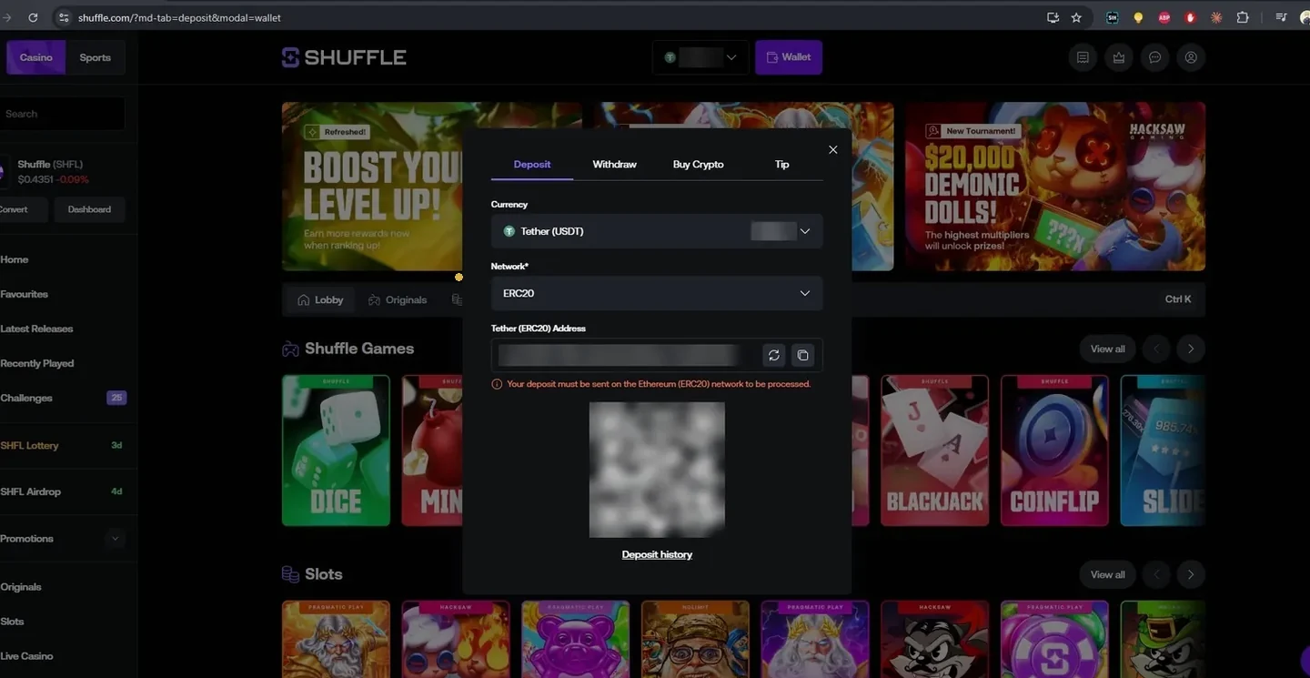 Shuffle deposit window with USDT selected on the ERC20 network