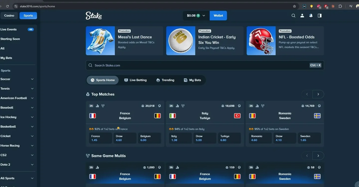 Stake sports betting home page with featured football matches