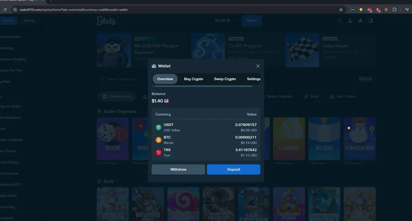 Stake wallet showing USDT, BTC and TRX balances
