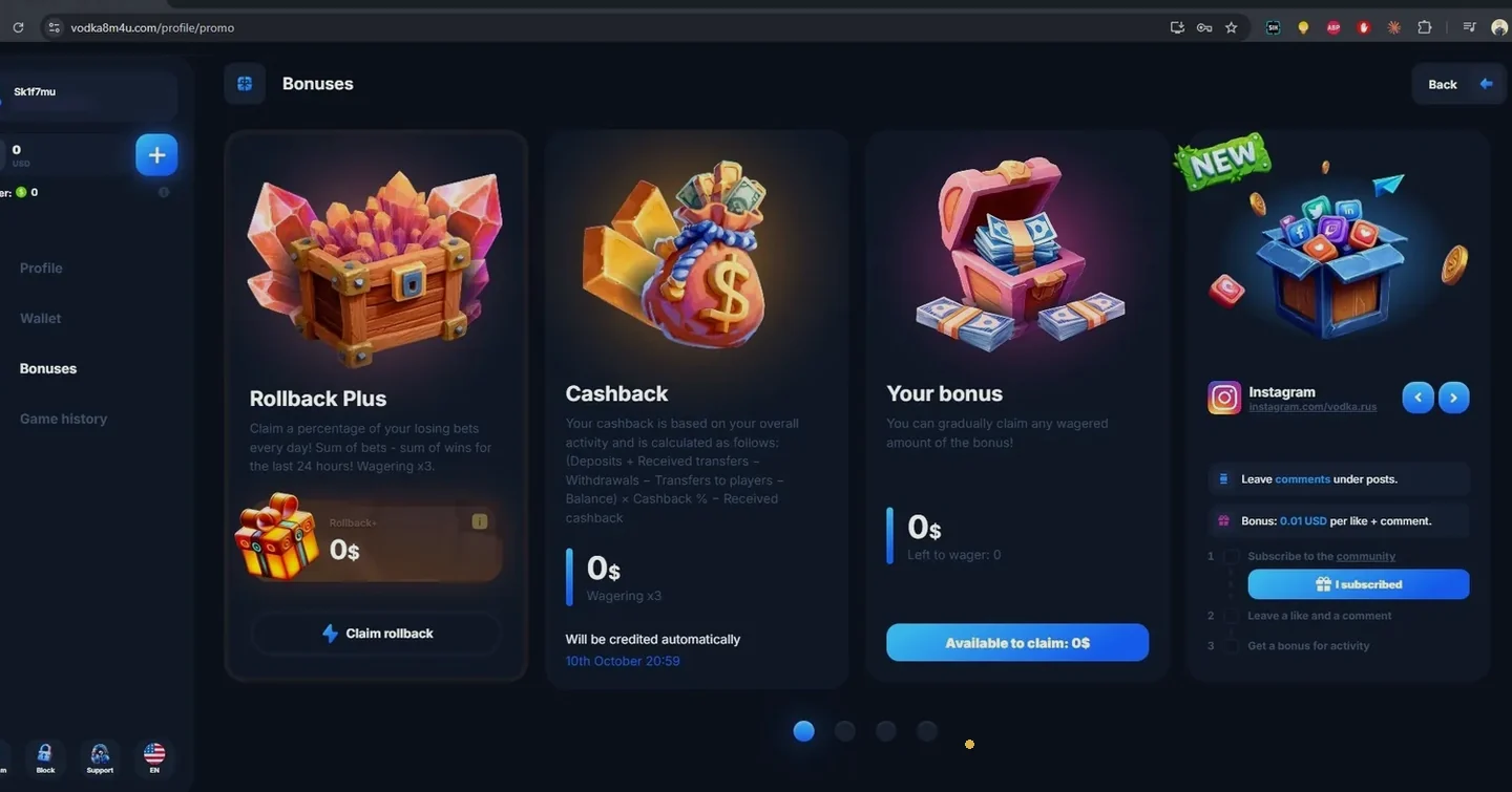 Vodka Bet bonus page with Rollback Plus, cashback and bonus balance