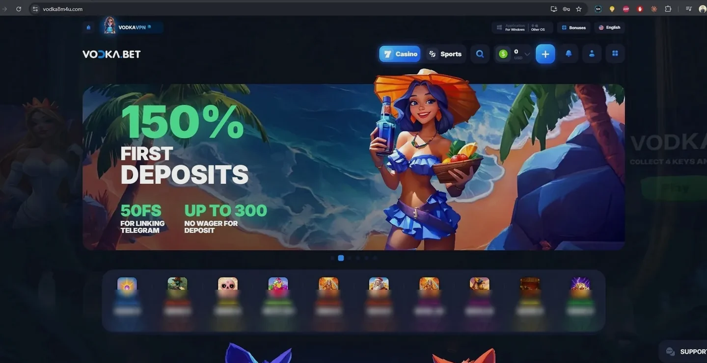 Vodka Bet home page with a 150% first deposits banner