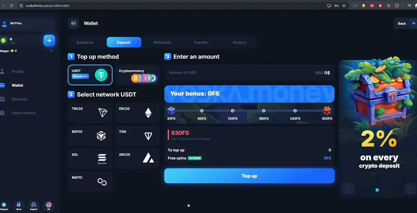 Vodka Bet USDT deposit with TRC20, ERC20, BEP20, TON, SOL, ARC20 and MATIC networks