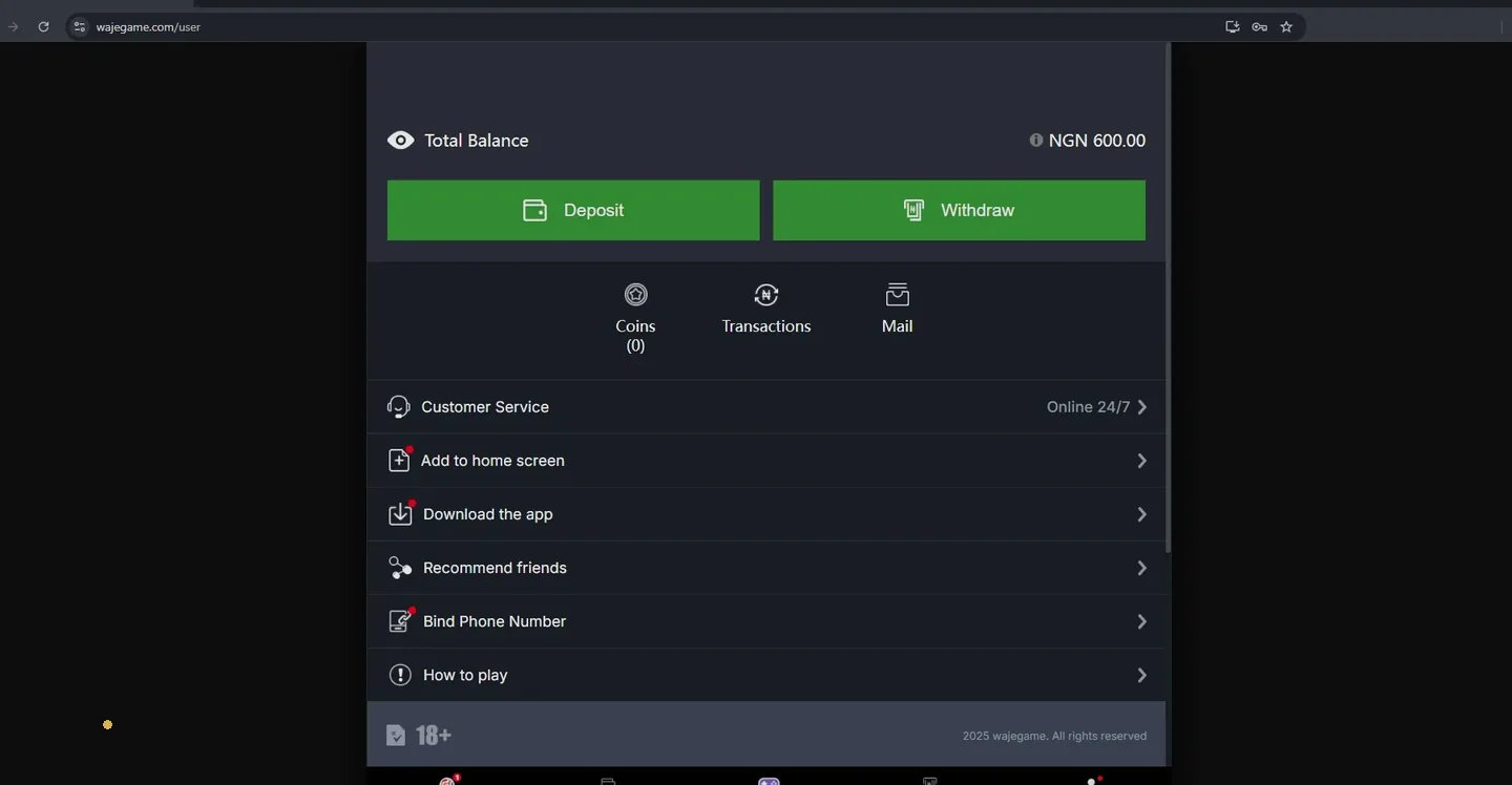 Waje account page with NGN 600 balance, Deposit and Withdraw buttons, 24/7 customer service and app download