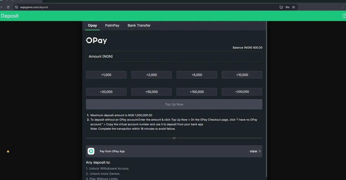 Waje deposit page with OPay, PalmPay and Bank Transfer tabs and amounts from ₦1,000 to ₦200,000