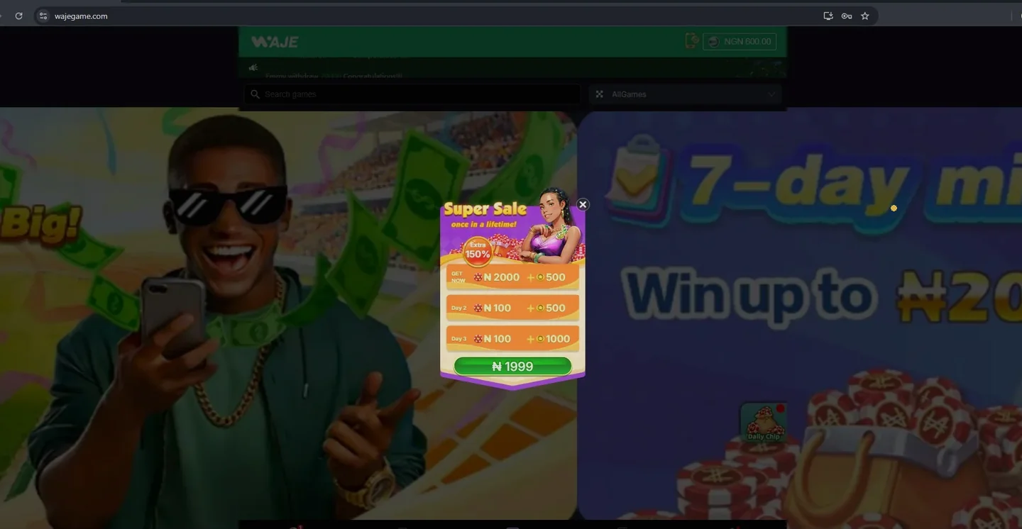 Waje Super Sale offer: ₦1,999 for ₦2,000 plus 500 coins, with smaller rewards on days 2 and 3
